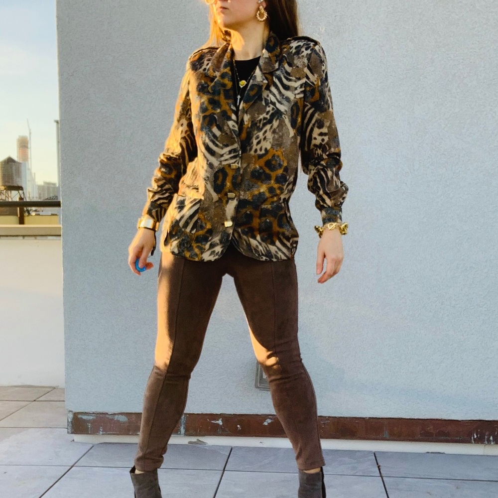 Vintage Jordana Jungle Animal Print Gold Buttons Fax Fur Blazer - Picture 7 of 16